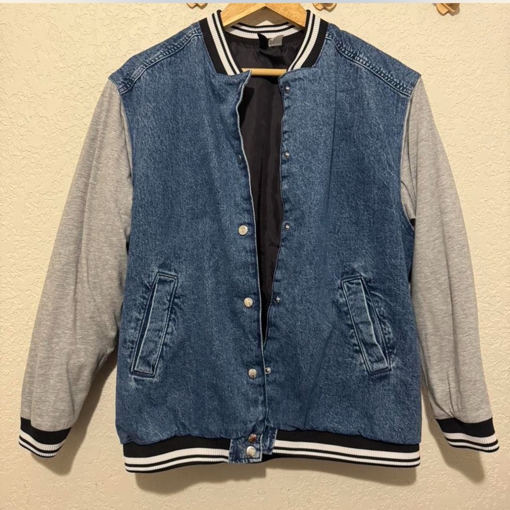 Blue denim unisex varsity jacket with "Have a great day everyday" print small